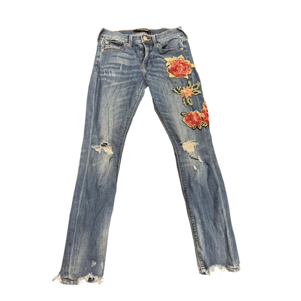 Express Women's Blue Sequin Floral Patch Distressed Legging Jeans Size 0P